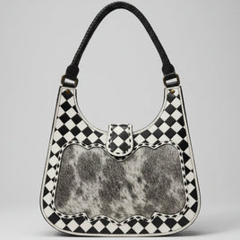 Checker Tooled Leather & Cowhide Shoulder Bag