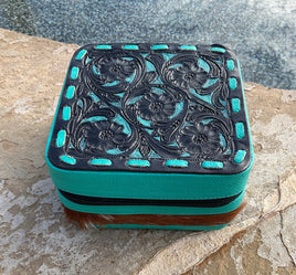 Cowhide & Turquoise with Black Tooled Leather Jewelry Box
