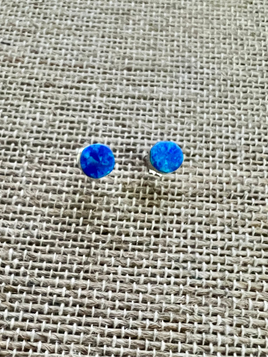 Maryann Meha Blue Flash Opal Round Drop Stud Earrings