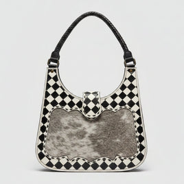 Checker Tooled Leather & Cowhide Shoulder Bag