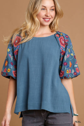 Sunset Blue Embroidery Sleeve Top