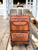 
              Burn Tooled Leather Rolling Suitcase
            