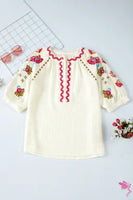 
              Floral Embroidered Ricrac Puff Sleeve Blouse
            