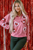 
              Sequin Pink Mineral Wash Heart Snap Buttons Collared Sweatshirt
            