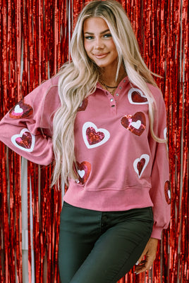 Sequin Pink Mineral Wash Heart Snap Buttons Collared Sweatshirt