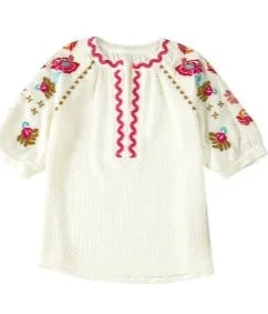 Floral Embroidered Ricrac Puff Sleeve Blouse