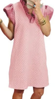 
              Pink Textured Puff Sleeve Ruffled Mini Dress
            