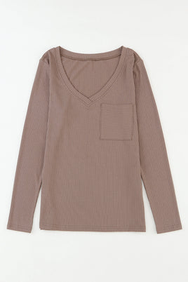 Ribbed V Neck Long Sleeve Top