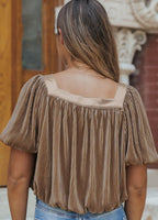 
              Pleated Puff Sleeve Square Neck Taupe Blouse
            