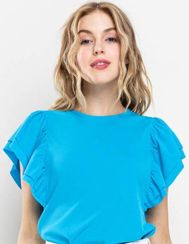 Turquoise Double Ruffle Short Sleeve Knit Top