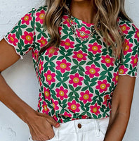 
              Floral Print Crew Neck Mesh Top
            