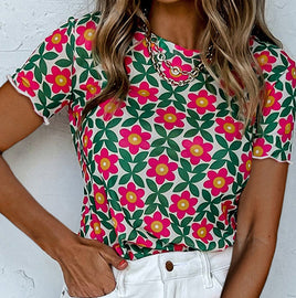 Floral Print Crew Neck Mesh Top