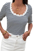 
              Black Striped Contrast Scallop Trim Top
            