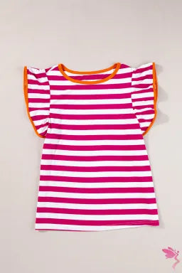 Striped Rose Red Ruffle Sleeve Blouse