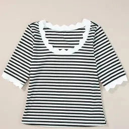 Black Striped Contrast Scallop Trim Top