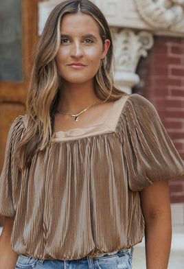Pleated Puff Sleeve Square Neck Taupe Blouse