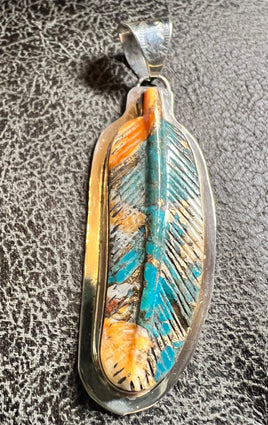 Rita Dawes/Aronzo Charley Carved Spiny/Turquoise, Bronze Feather Pendant