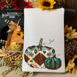 Fall Turquoise and Red Aztec Pumpkins Hand Towel