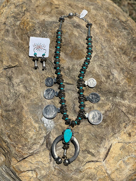 James McCabe Turquoise Coin Squash Blossom SS Necklace & Earrings
