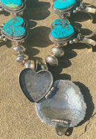 
              Delayne Reeves Heart Kingman Turquoise SS Squash Blossom with Stamped Heart Locket
            