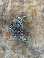 
              Chester Charley Kingman Turquoise & Coral Cluster SS Cuff
            