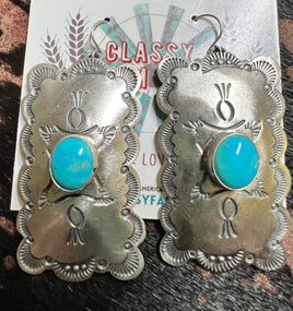 Jeff Largo Turquoise Concho Stamp S Hook SS Earrings