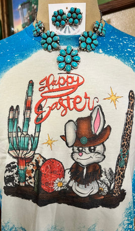 Happy Easter Cowboy Bunny Cactus Bleached Tee