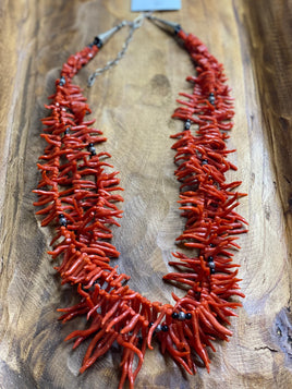 3 Strand Natural Branch Coral Stones & Onyx Necklace