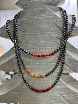 Red & Orange Rondelle Beads & Pearl SS Necklace