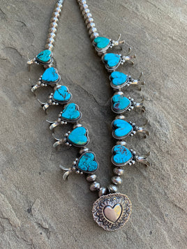 Delayne Reeves Heart Kingman Turquoise SS Squash Blossom with Stamped Heart Locket