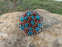 
              Chester Charley Kingman Turquoise & Coral Cluster SS Cuff
            