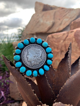 Bobby Johnson Kingman Turquoise 1921 Morgan Dollar Ring