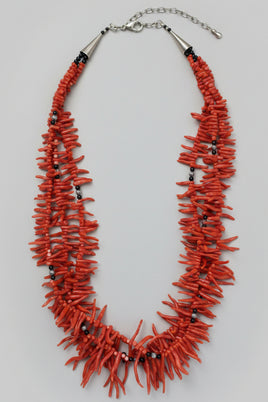 3 Strand Natural Branch Coral Stones & Onyx Necklace