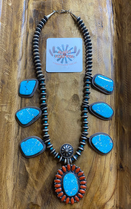 Hemerson Brown Kingman Turquoise & Mediterranean Coral Lariat